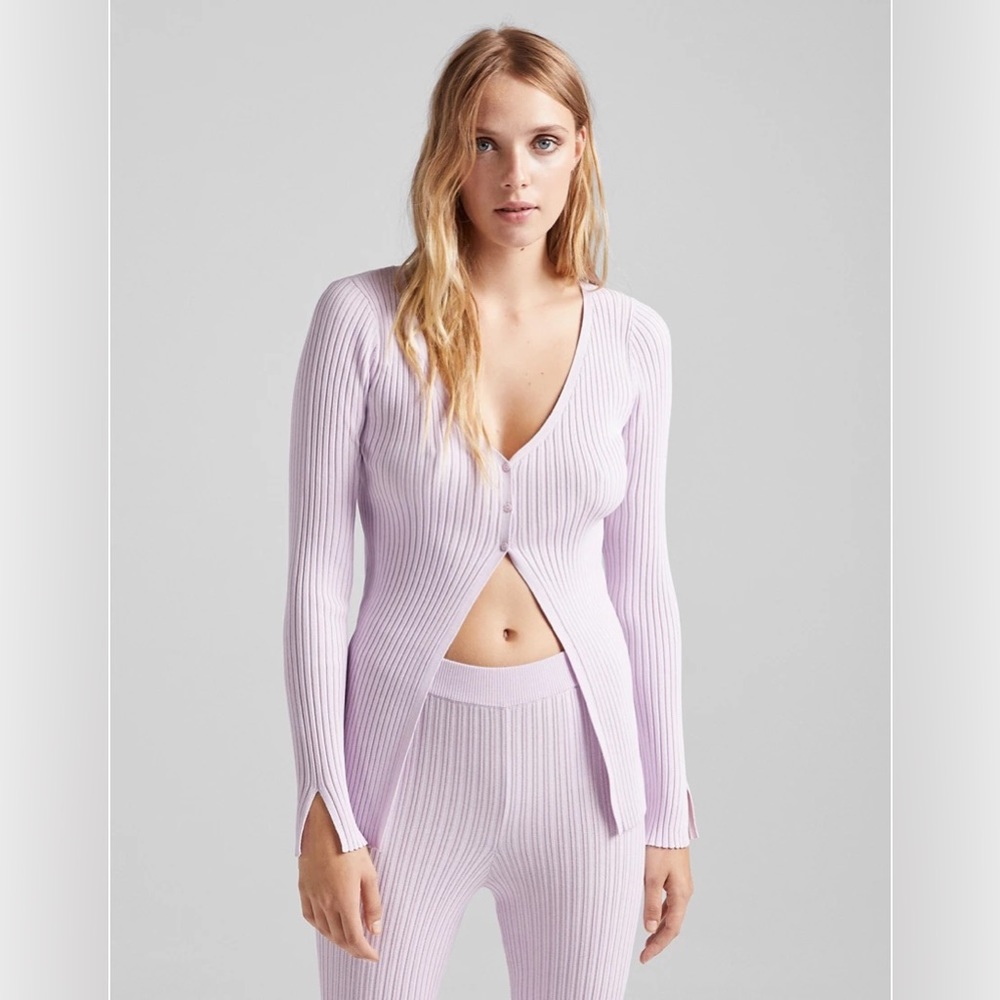 Bershka knitted rib detail button cardigan in lilac new with tags